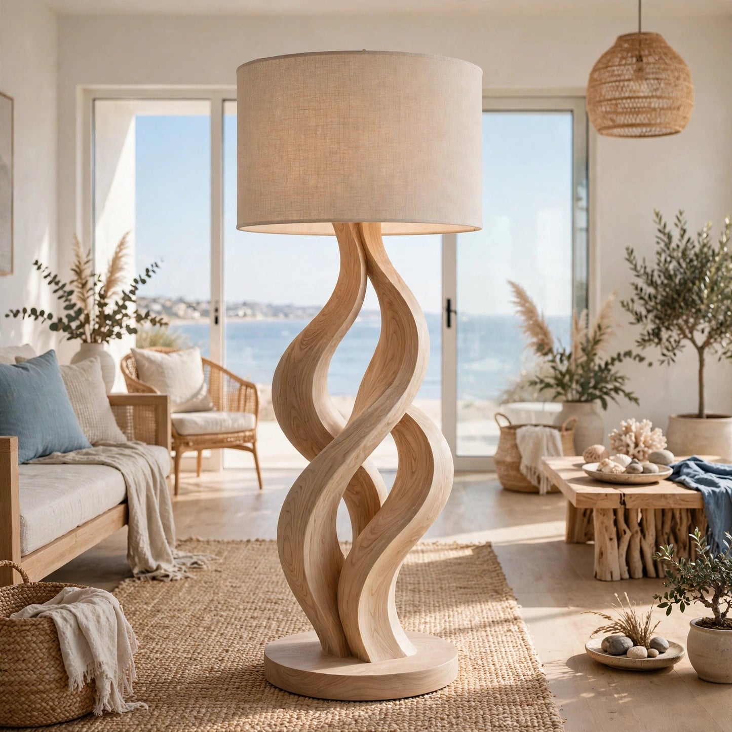 Modern Wave Sculpture Floor Lamp - Solid Ash Wood