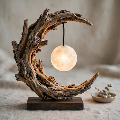 Crescent Moon Driftwood Table Lamp - Glowing Moon Sphere Lamp