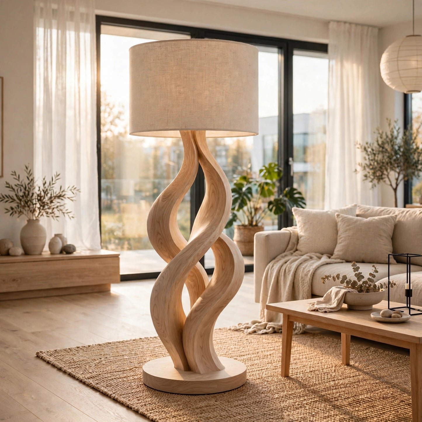 Modern Wave Sculpture Floor Lamp - Solid Ash Wood