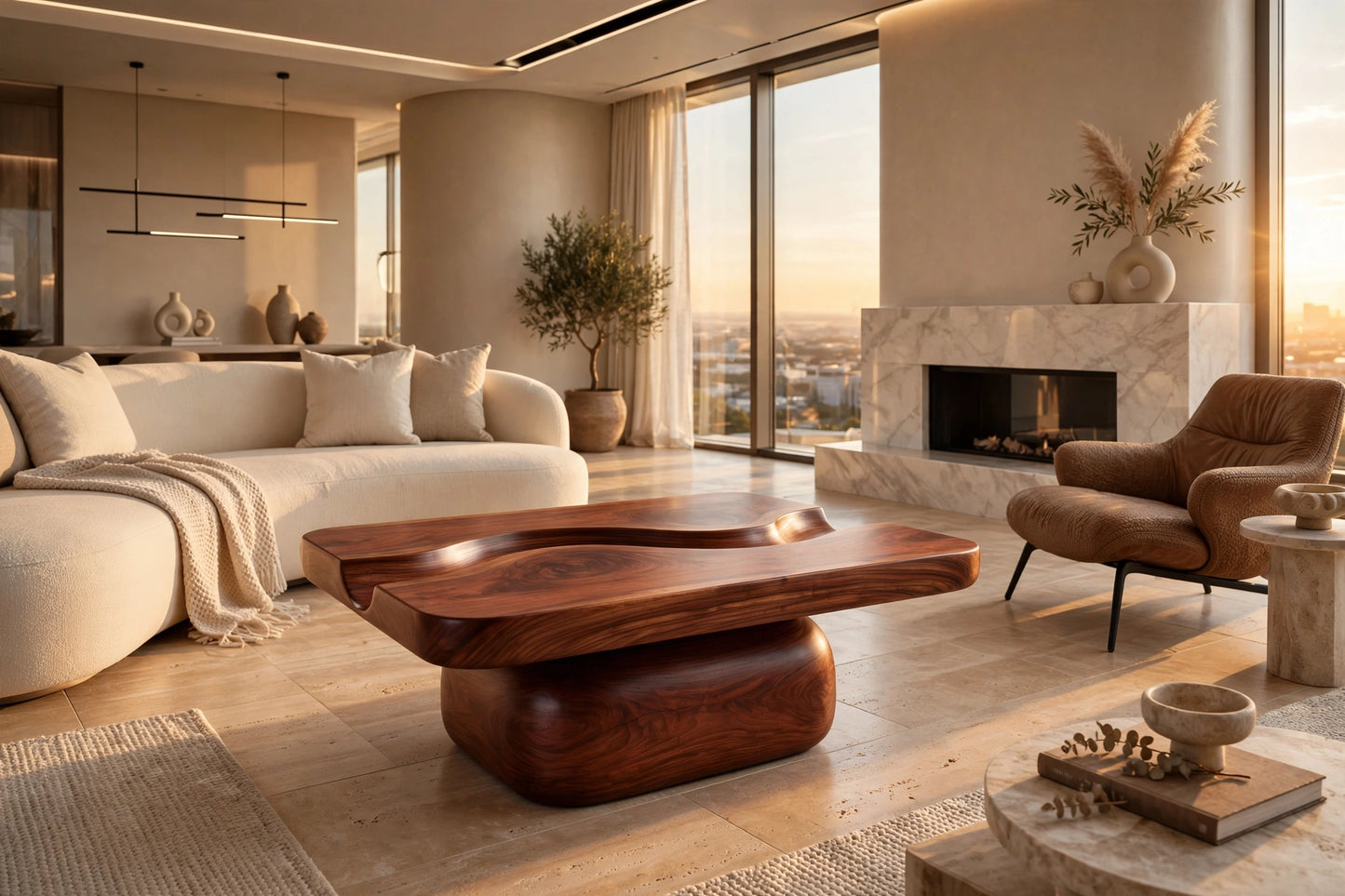 River Flow Coffee Table - Solid Mahogany Sculptural Coffee Table with Carved River Channel | Handcrafted