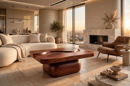 River Flow Coffee Table - Solid Mahogany Sculptural Coffee Table with Carved River Channel | Handcrafted