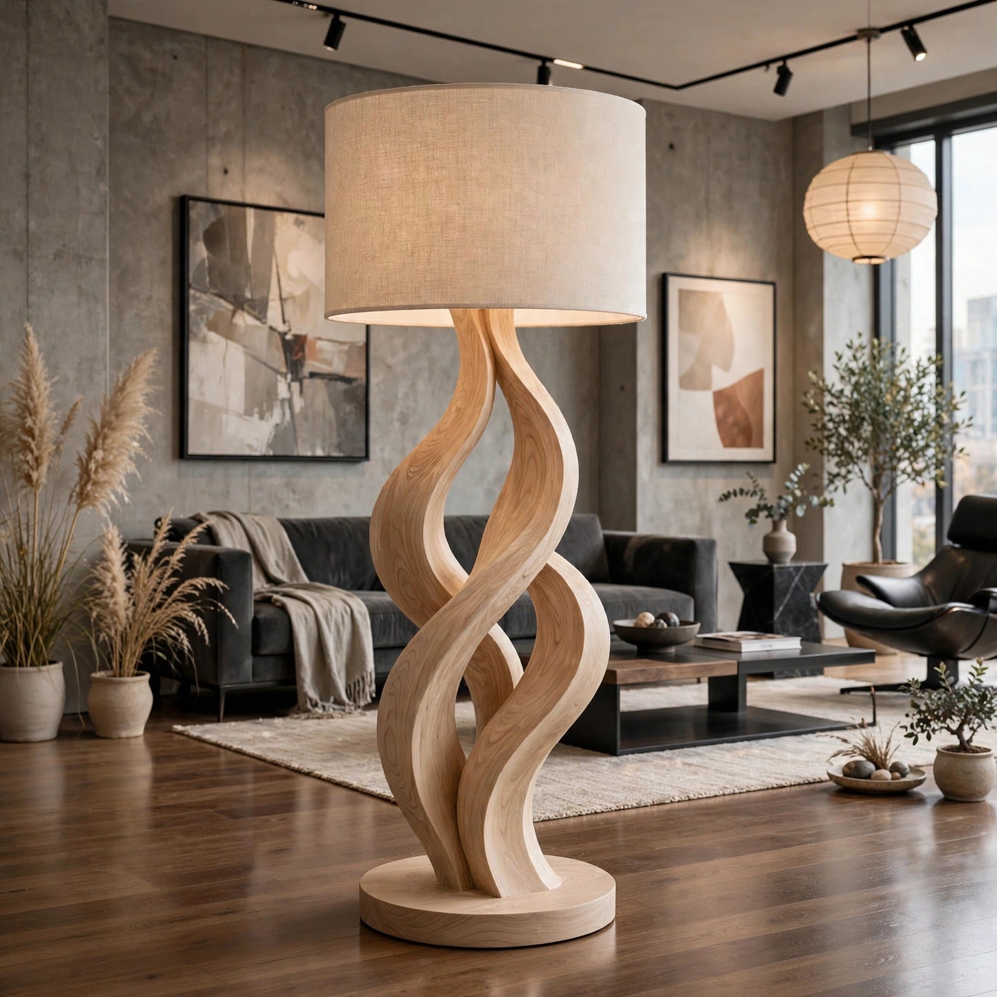 Modern Wave Sculpture Floor Lamp - Solid Ash Wood