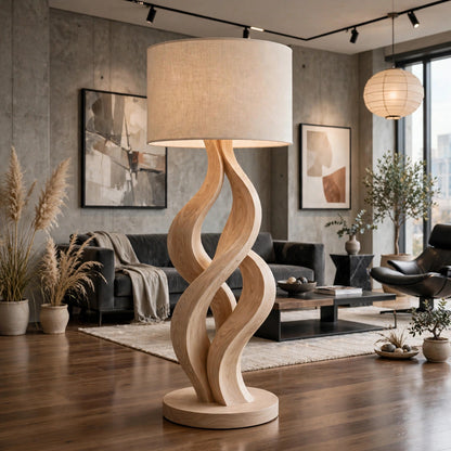 Modern Wave Sculpture Floor Lamp - Solid Ash Wood